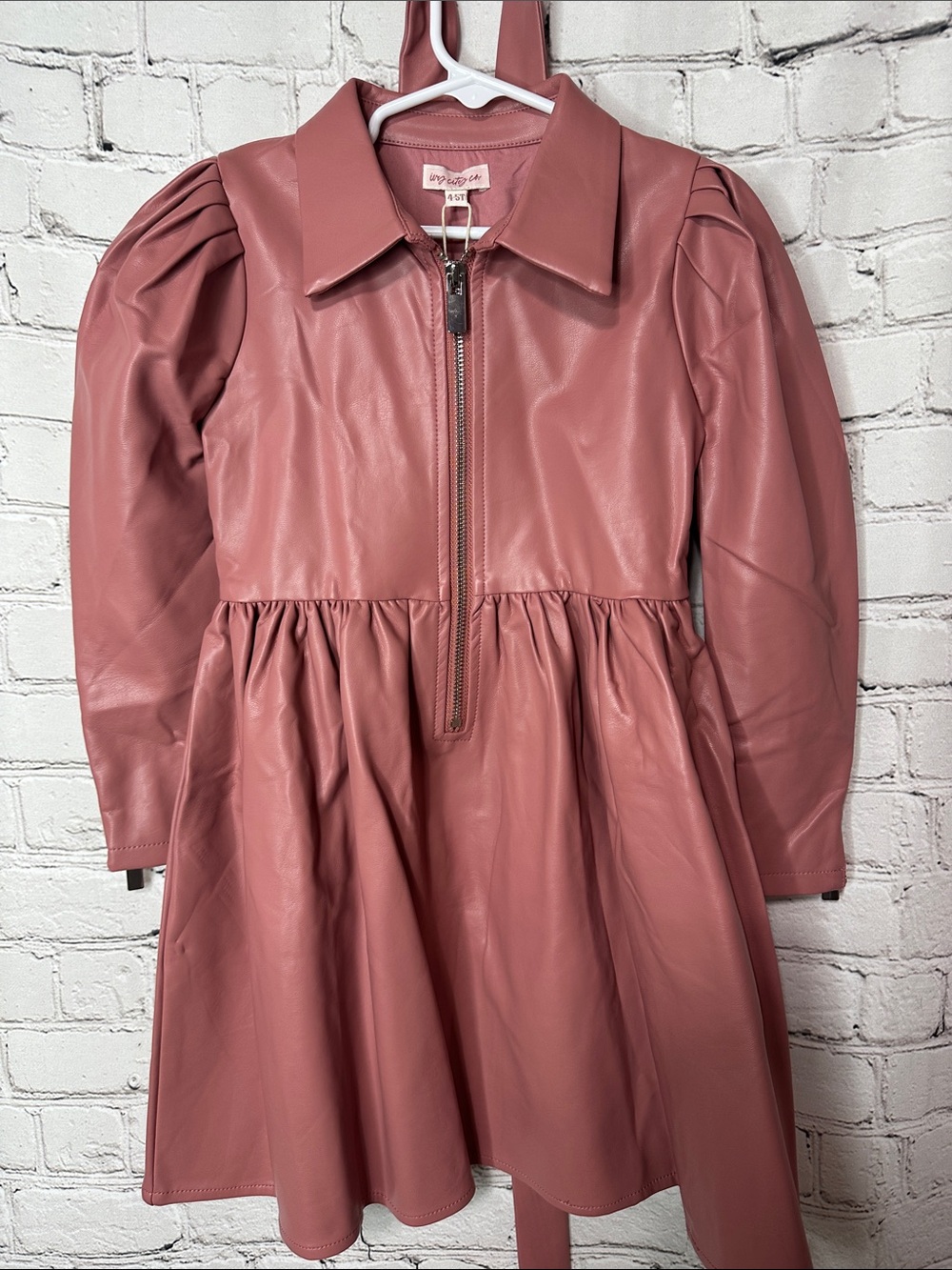 NWT Ivy City Co Mini Virgo Pink Faux Leather Puff Sleeve Dress Girls 4/5T
